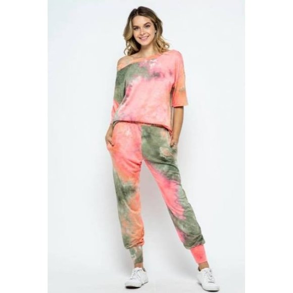 Eldridge Tops - Eldridge  Tie Dye Jogger Set, Coral Mix